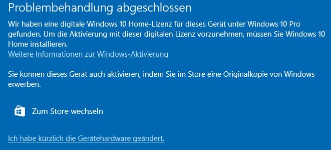 Windows 10 pro Aktivierung nach Umbau der Systemplatte in anderen Rechner schlägt fehl