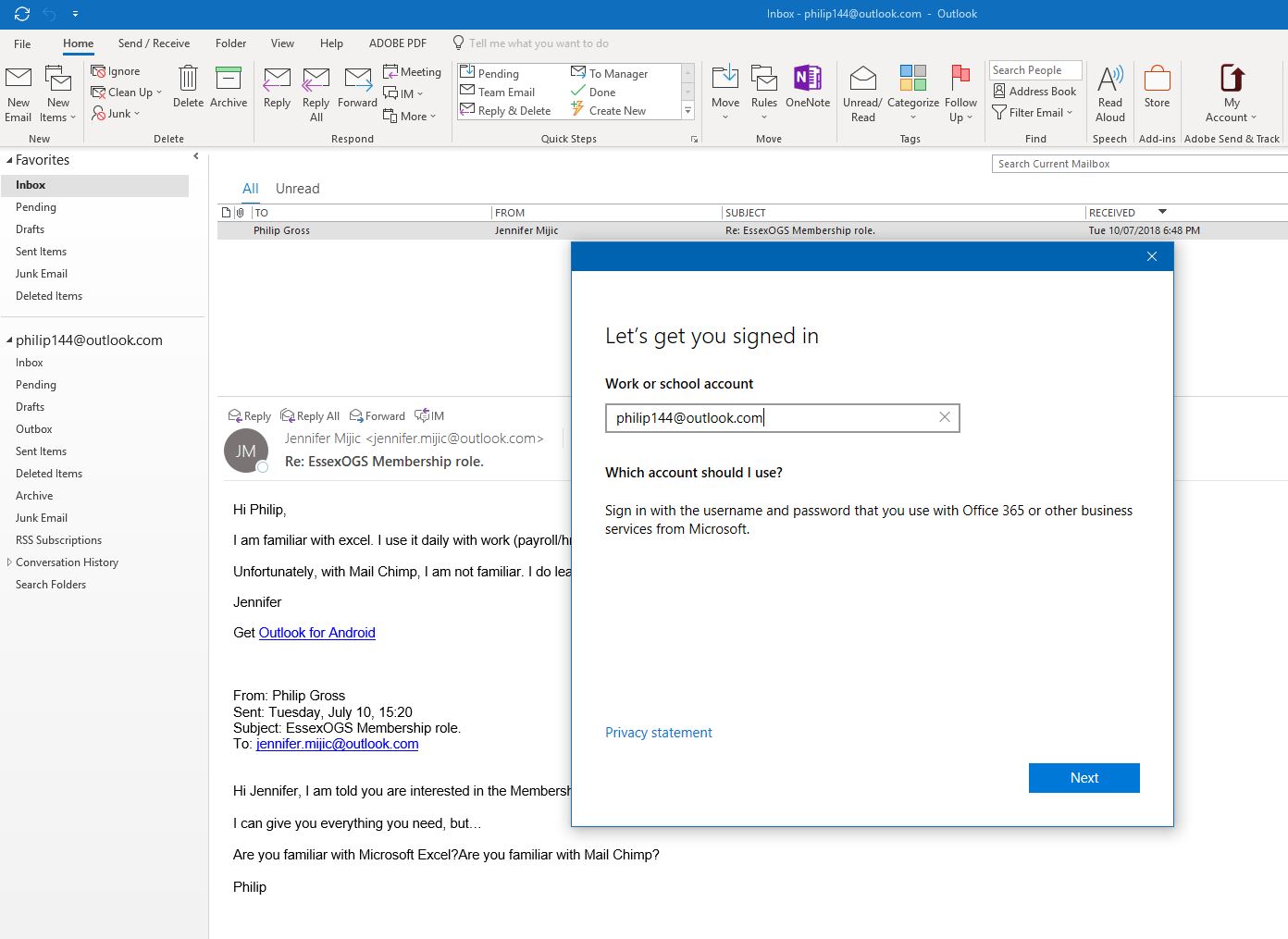 Outlook in Office 365 is acting up when i log into me email