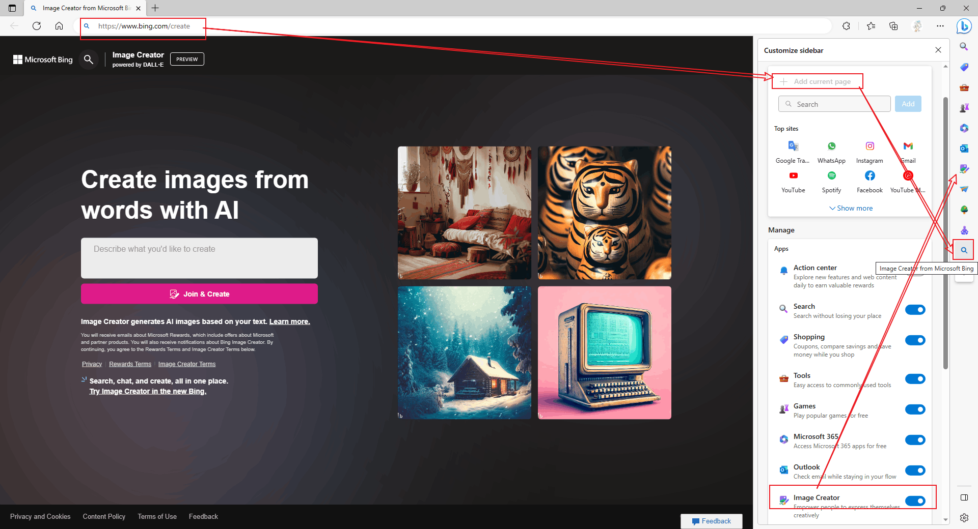 Bing image creator is not showing in my sidebar nor in the Plus option