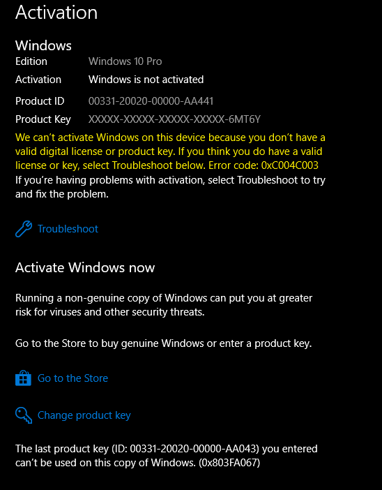 Activation Error 0xc004c003 And 0x803fa067 Microsoft Community