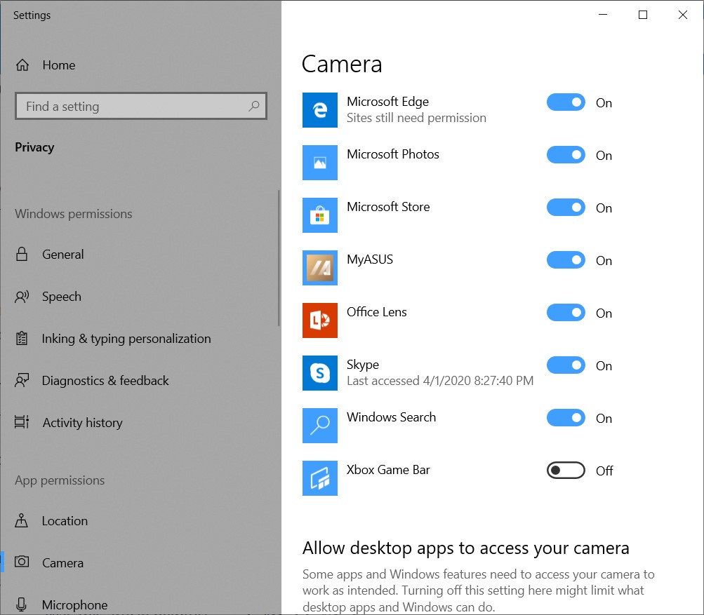 Camera isn't available in Windows 10 : Ask the system questions