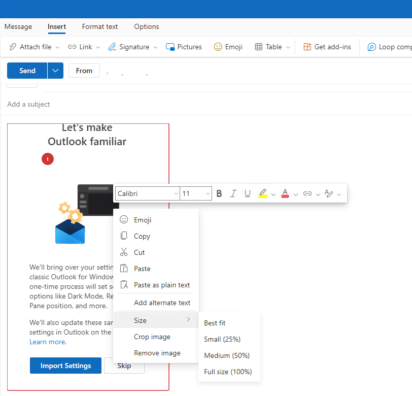 Where is the picture format tab in the new outlook or the outlook web