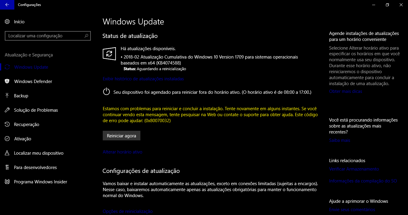 Está dando erro para baixar a atualização - Microsoft Community