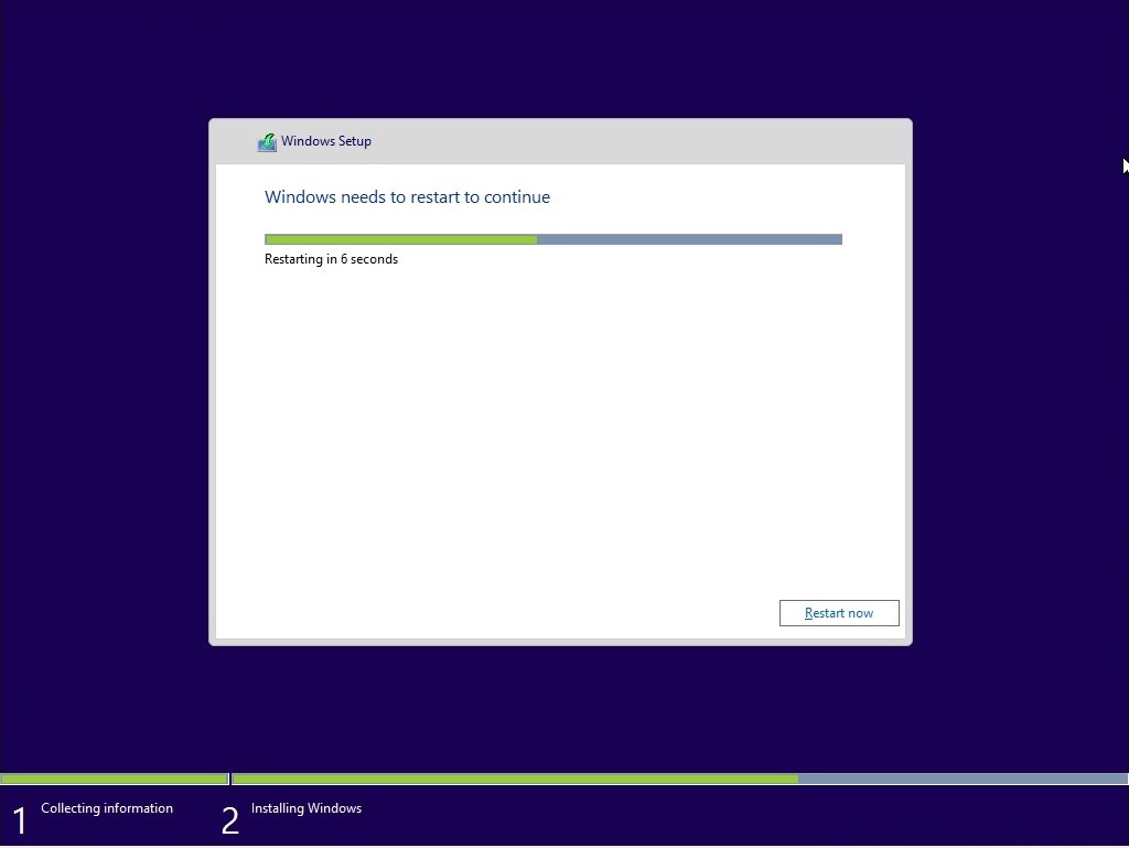  A screenshot of the Windows 10 installation screen with the text "Windows needs to restart to continue. Restarting in 6 seconds."