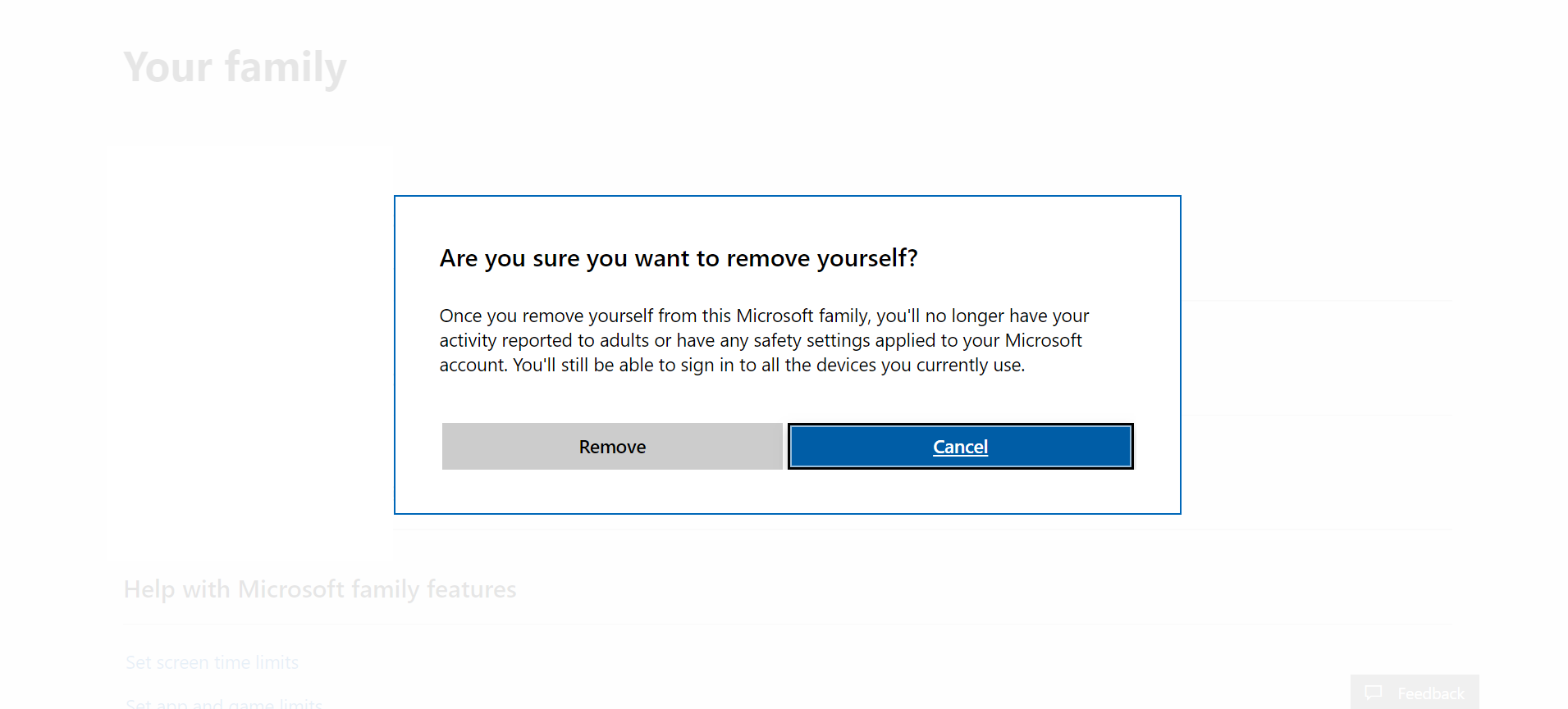 Remove option to leave family group from child account - Microsoft