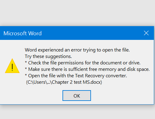 Word experienced an error trying to open the file как исправить