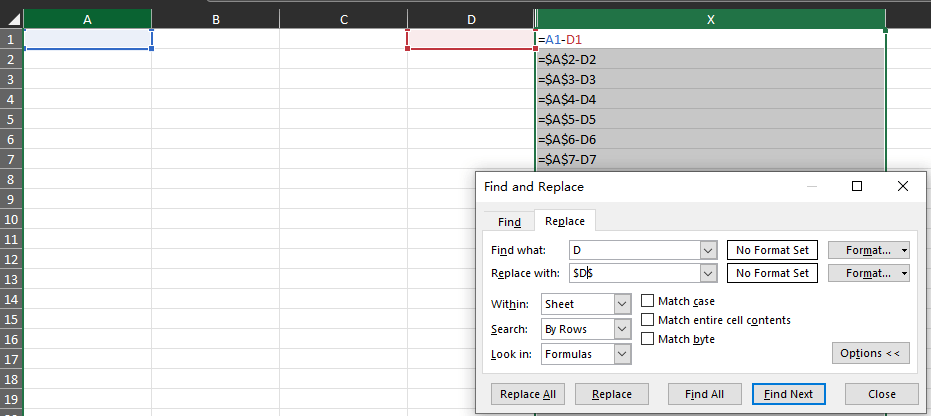 Dragging an absolute reference formula down a column in Excel so