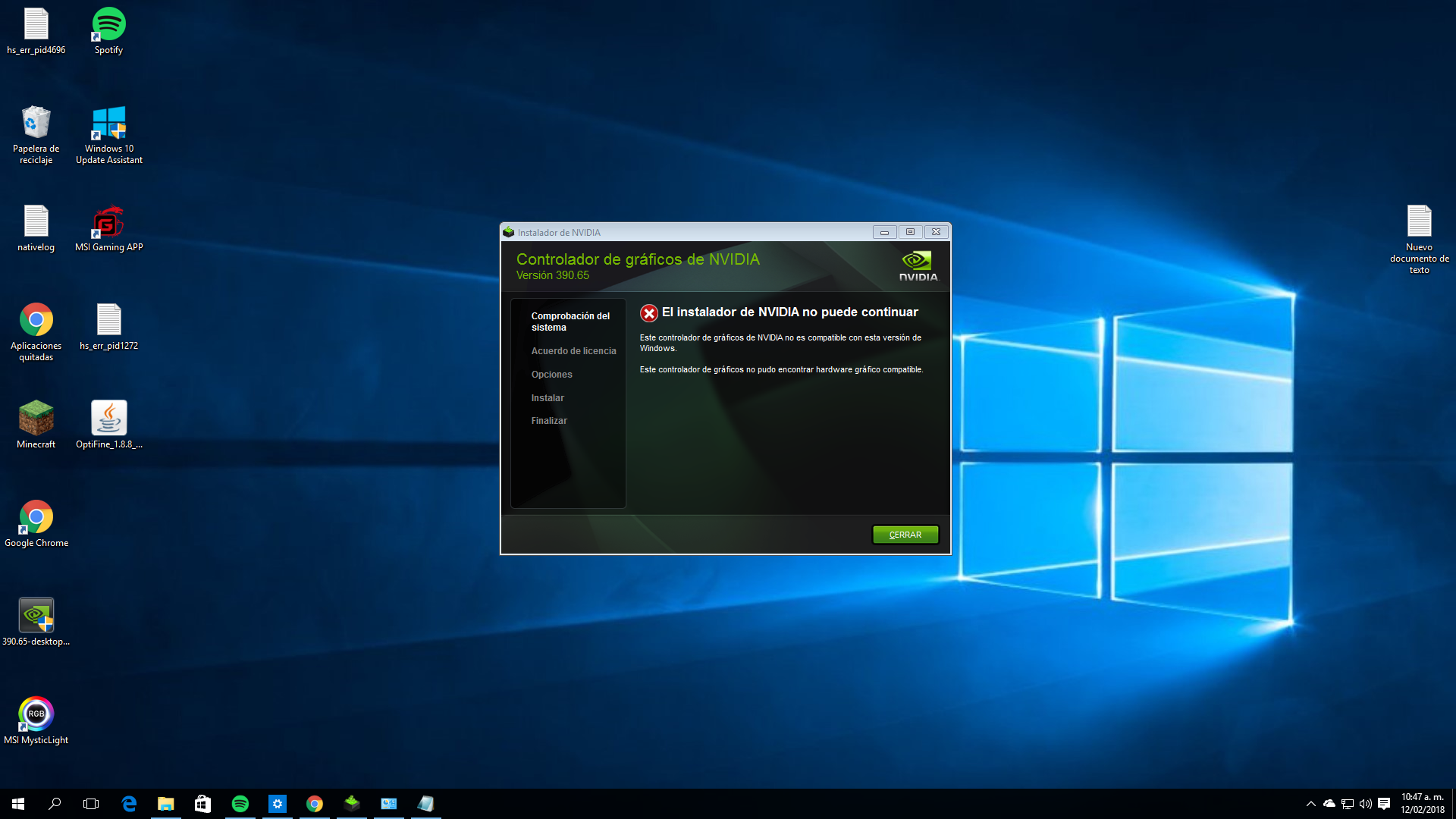 Windows 10 Problema con el driver de NVIDIA No es compatible