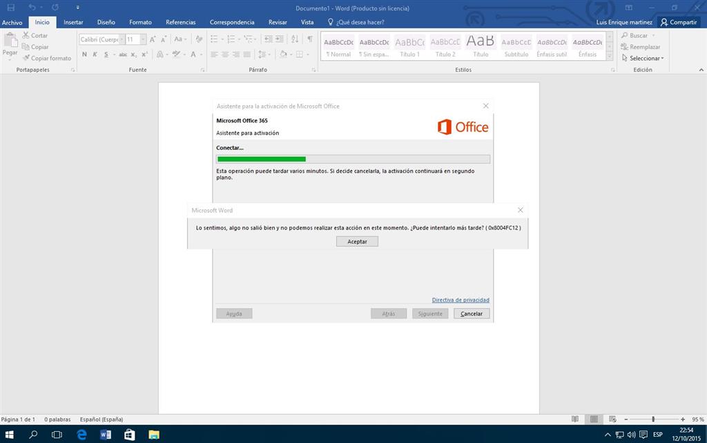 Office 2016: Error 0x8004FC12 al activar el producto. - Microsoft Community