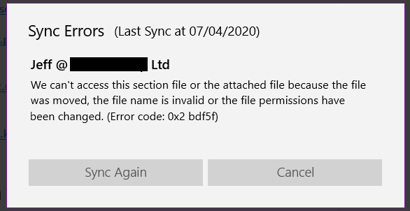 One Note wont sync : (Error code: 0x2 bdf5f) - Microsoft Community