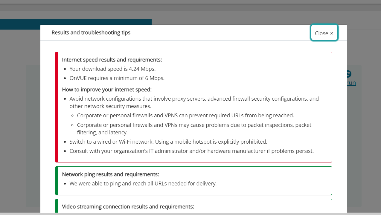 OnVUE System Check - Internet Speed Issue And And Attendance Is.