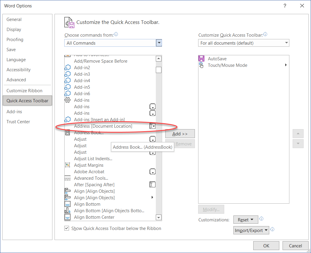 Quick Access Toolbar In Word In Office365, Document Location (file ...