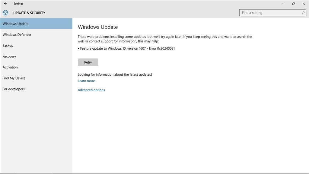 Windows update 1607 failed to install