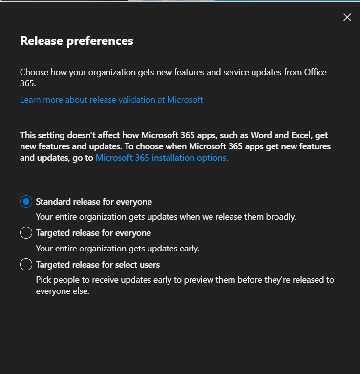 Set up the Standard or Targeted release options - Microsoft 365