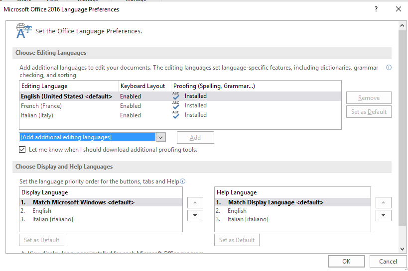 Installing the language pack for Office 2016 changes 