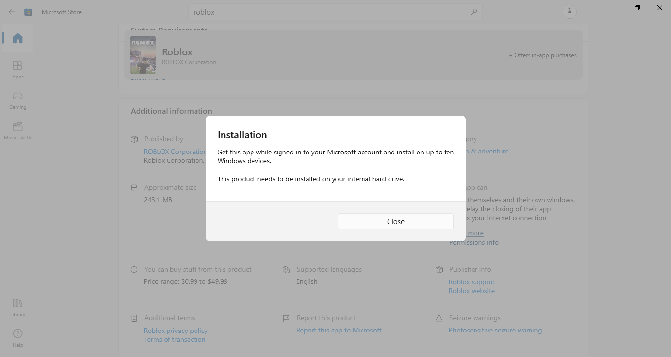 microsoft does not let me download roblox - Microsoft Community