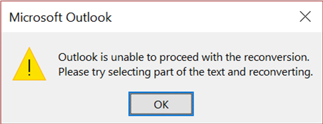 Pop Up - Outlook is unable to proceed with the reconversion. Please ...