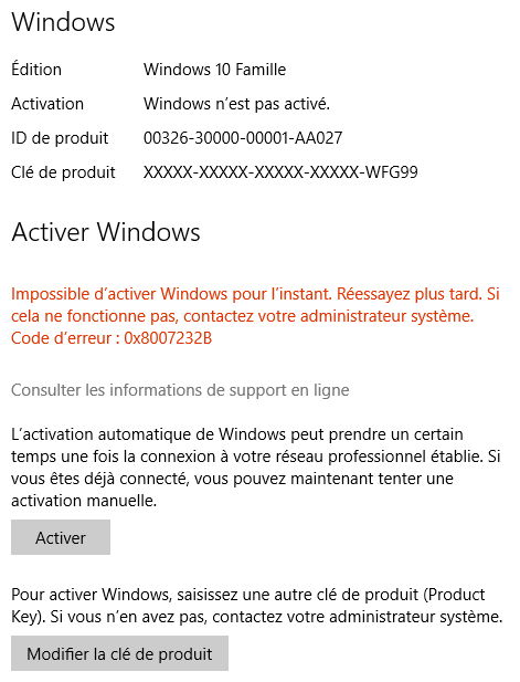 Clé d'activation Windows 10 Famille ne fonctionne pas - Communauté