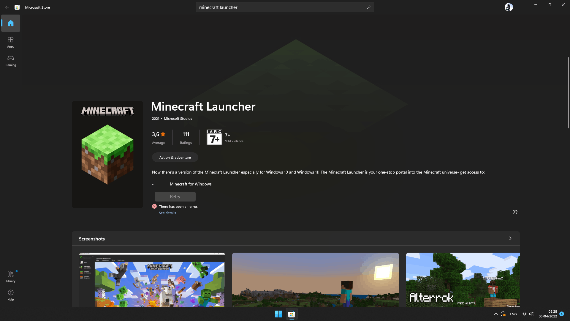 Minecraft Launcher won't install from Microsoft Store