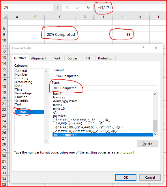 How do I add text to my formula .i.e., solution 23 % Completed ...