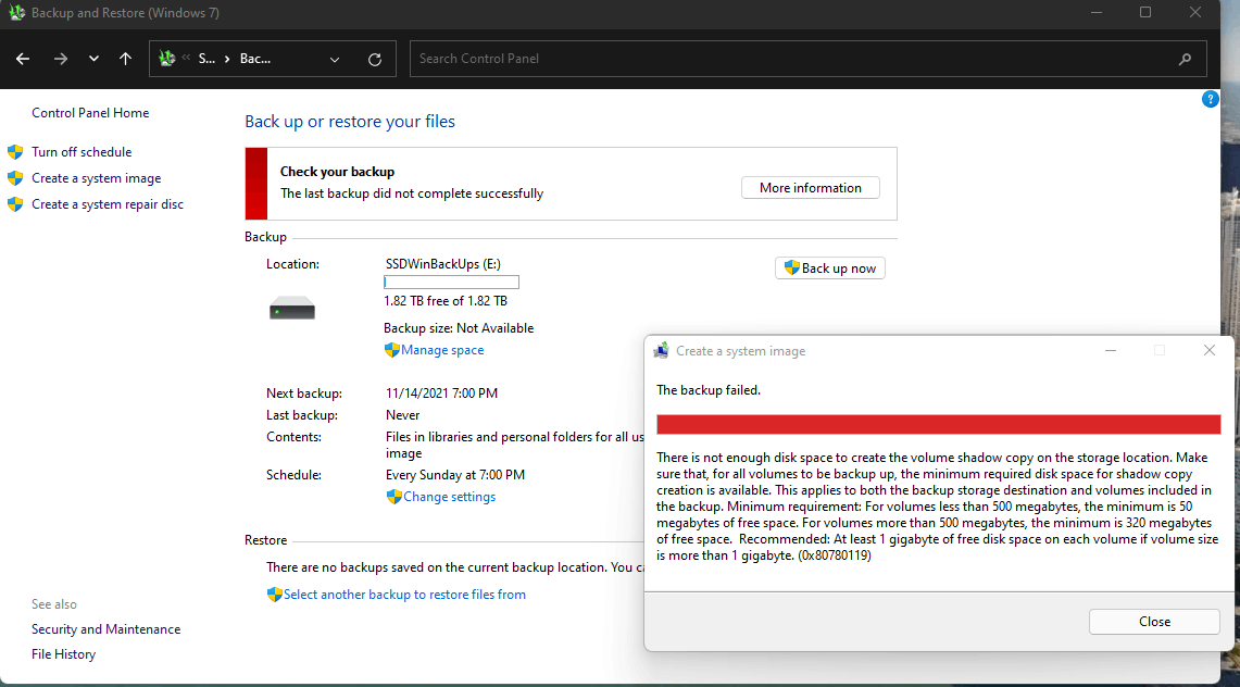 Cannot Run System Backup On Windows11 - Microsoft Community