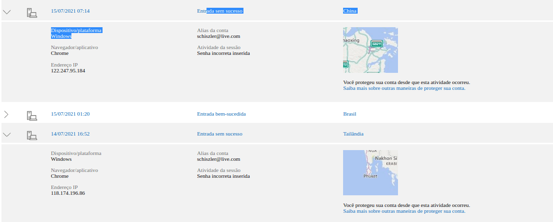 Tentativas de acesso a minha conta de vários países diferentes - Microsoft  Community