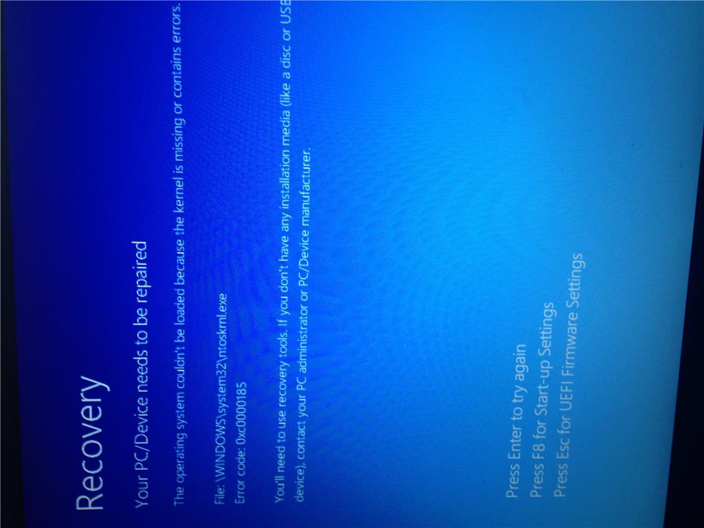 C0000185 Kernal Missing WINDOWS\System32\Ntoskrnl.Exe.