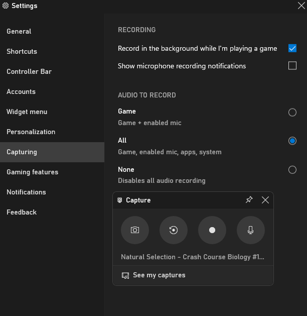 How do I enable Xbox Game Bar recording my voice in Instant Replay