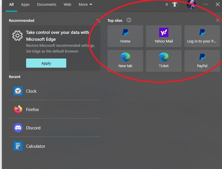 Microsoft edge on windows 10 adds top sites on the search button on