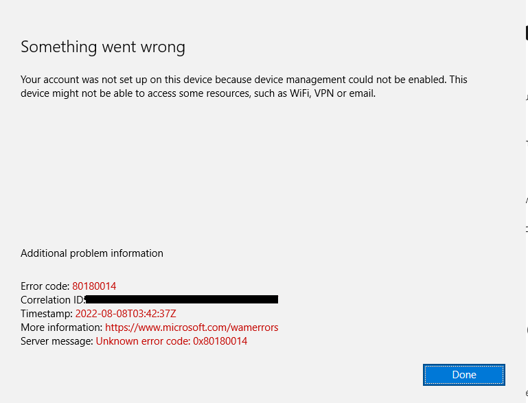 Unknown error code: 0x80180014 whilst connecting School OneDrive 