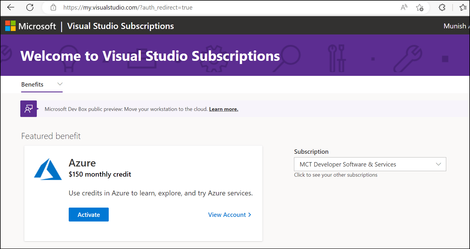 Unable to use Azure Visual Studio Subscription - Training, Certification,  and Program Support