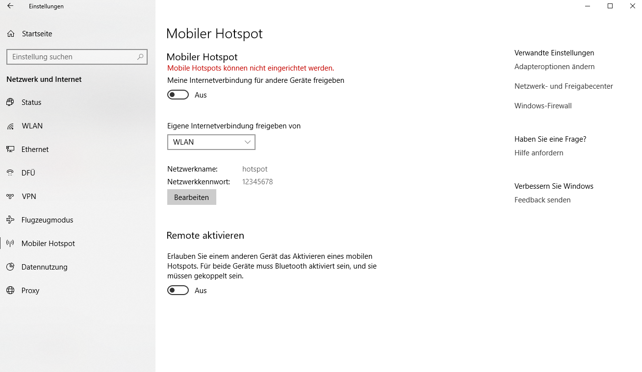 Mobiler Hotspot bei Windows 10 geht nicht