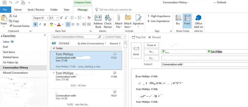 Conversation history outlook что это