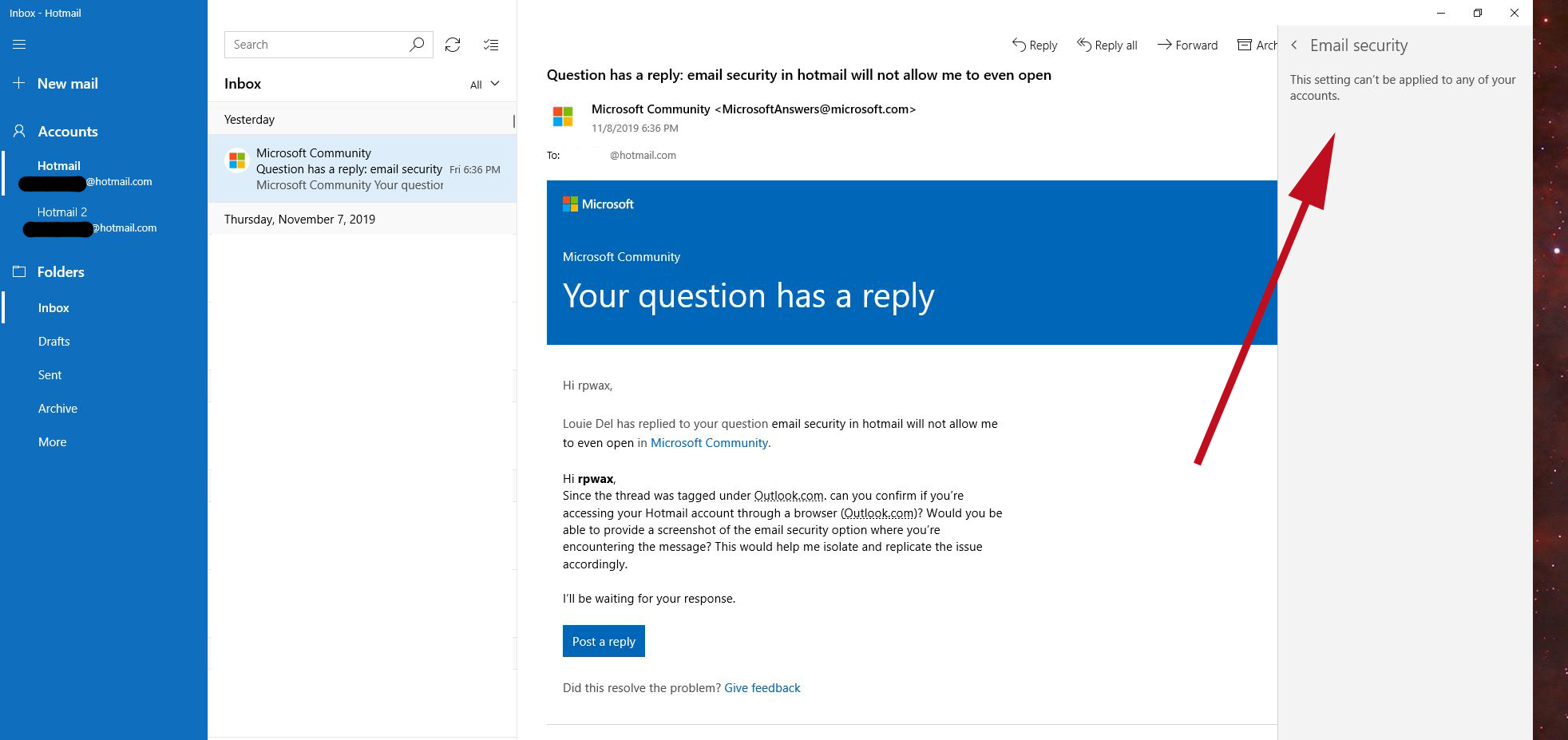 email security in hotmail will not allow me to even open - Microsoft ...