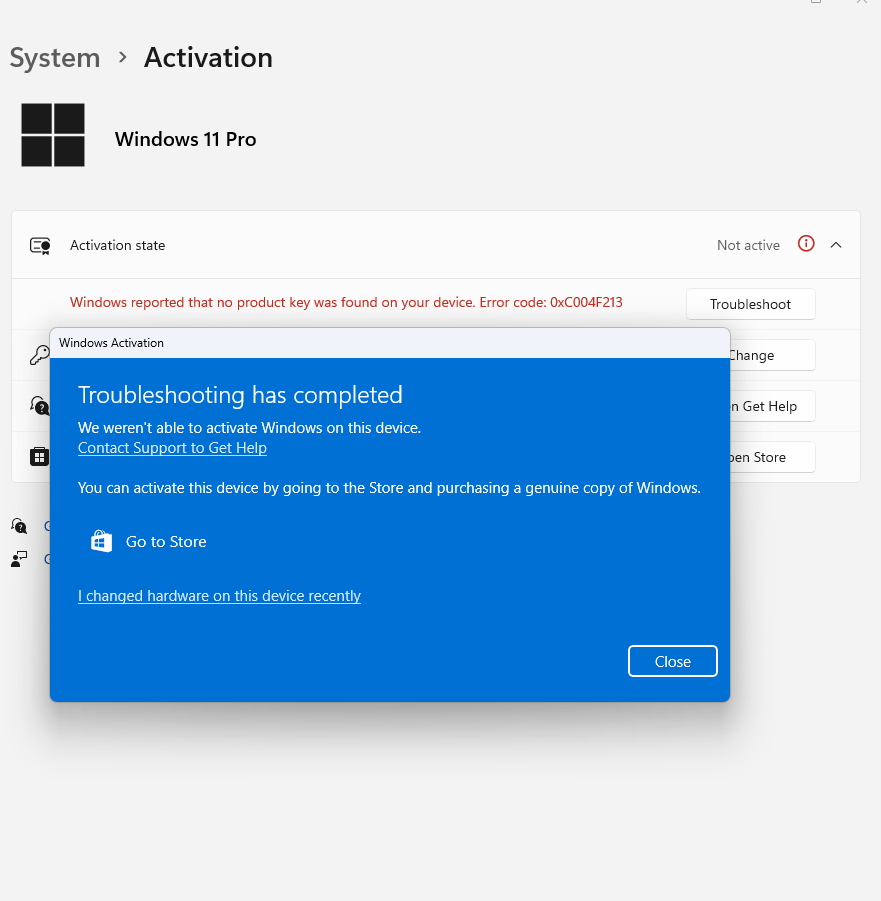 Fresh windows 11 pro installation activation key is not working 