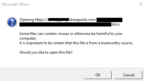 Office365 Hyperlink Warning To Object Word Excel File