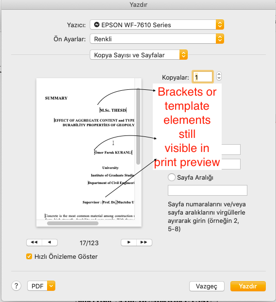 Square brackets and embedded template appears in preview and print -  Microsoft Community