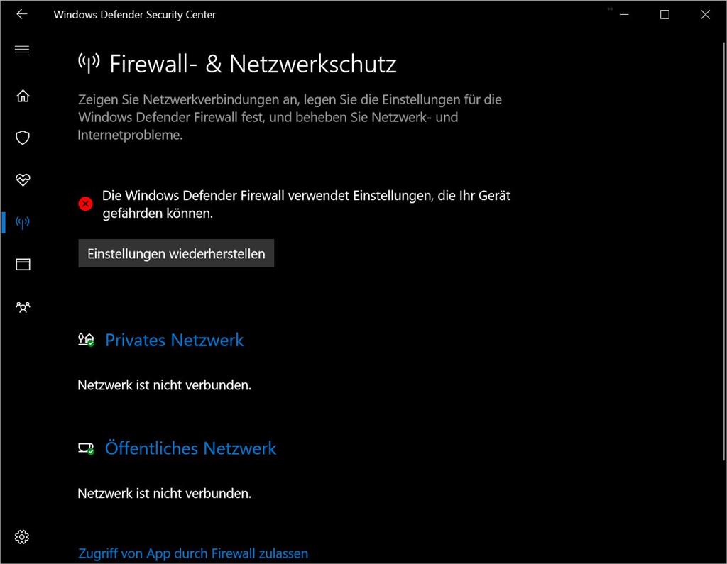 Problem mit Firewall-Status von Windows Defender
