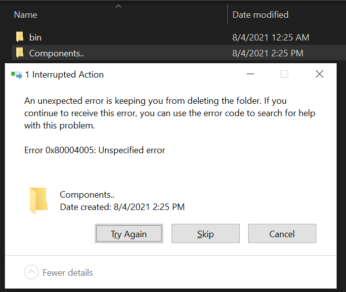 I can not delete folder end with .. and show an error 0x80004005 