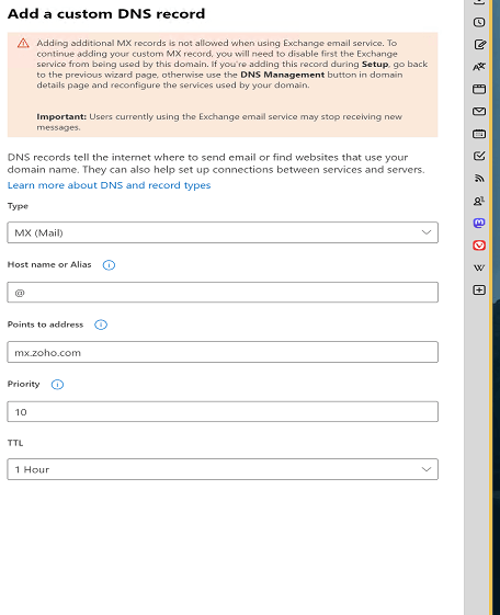 Adding Additional MX records is not allowed when using Exchange 