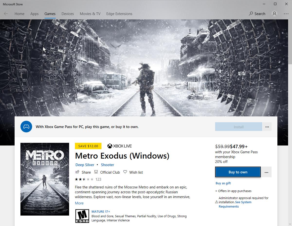 Metro exodus xbox on sale game pass pc