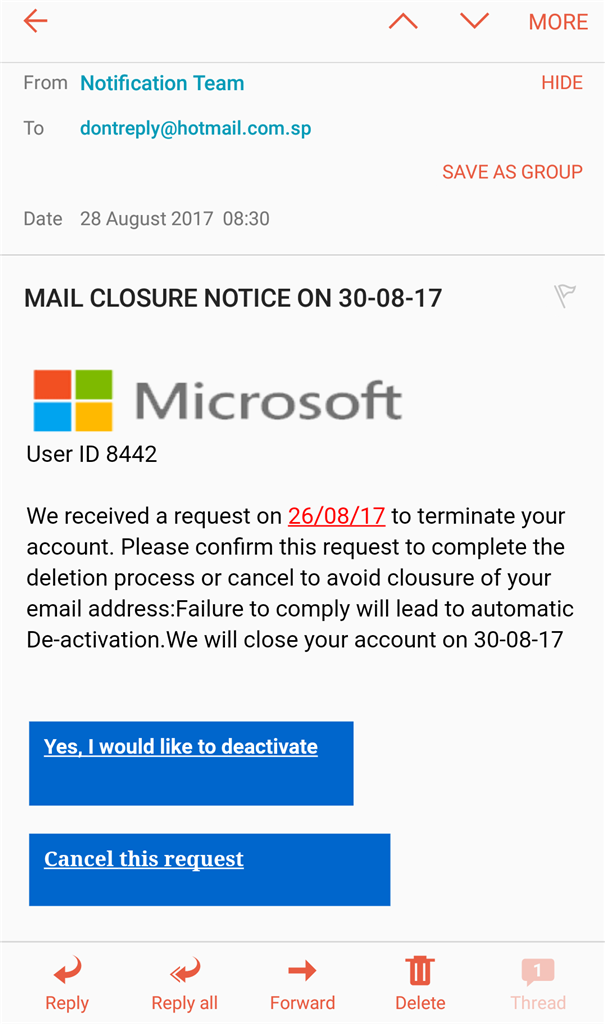 Microsoft Account Closure Email - Outlook Tips