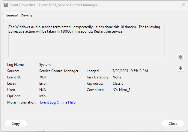 Windows Audio Service terminated unexpectedly - Microsoft Community