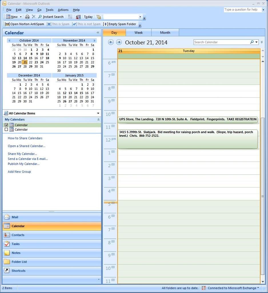 In Outlook 2007's Calendar folder, how do I display monthly calendars