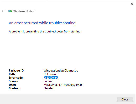 Windows update error 0x80080005, troubleshooter error as well 