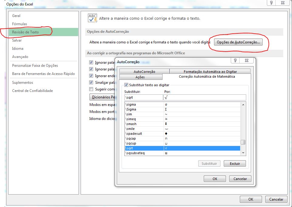 Como encontro o simbolo de raiz quadrada no excel Microsoft