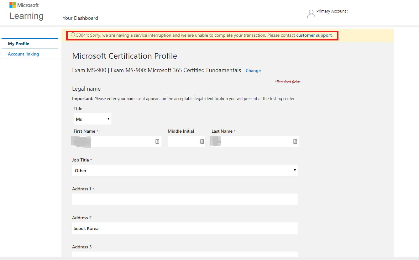 Can t create a microsoft certification profile training