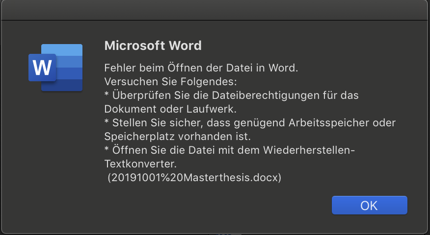 "Fehler beim öffnen der Datei in Word" Datei lässt sich ...