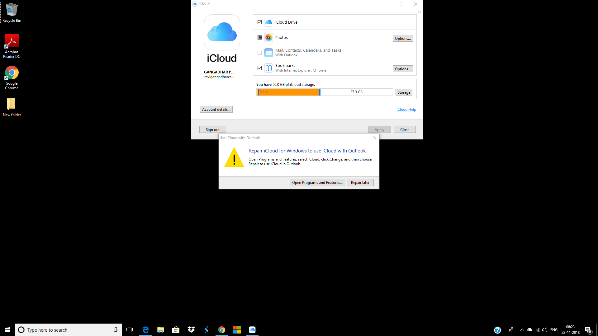 Installation problem of Icloud in windows 10outlook error