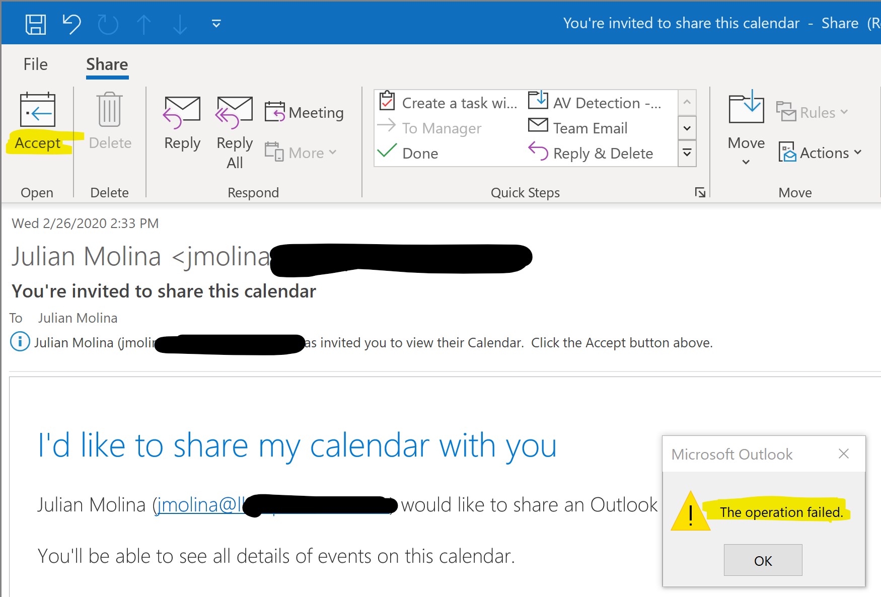 Trying to open o365 user shared calendar with onPrem exchange user